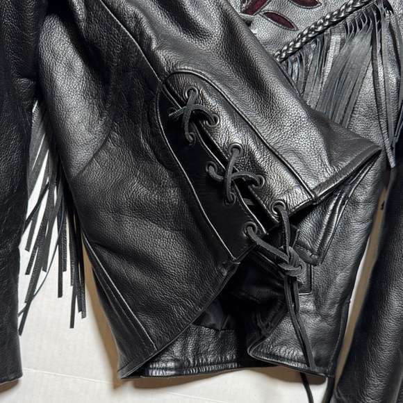 Rose Suede Inlay Black Leather Fringe Braided Moto Biker Jacket High Quality M/L - Picture 6 of 16